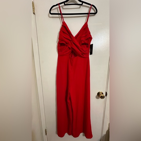 NWT LULUS Cherry Red Criss Cross Bodice Cutout Surplice Wide Leg Jumpsuit - Picture 4 of 13